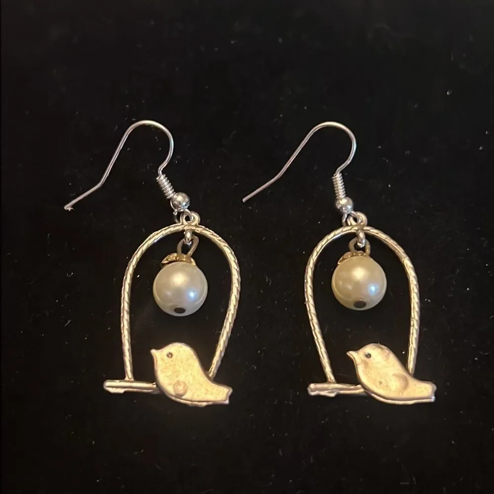 Handcrafted Bird on Perch Earrings – Silver Tone with Pearl Detail - Picture 4 of 4